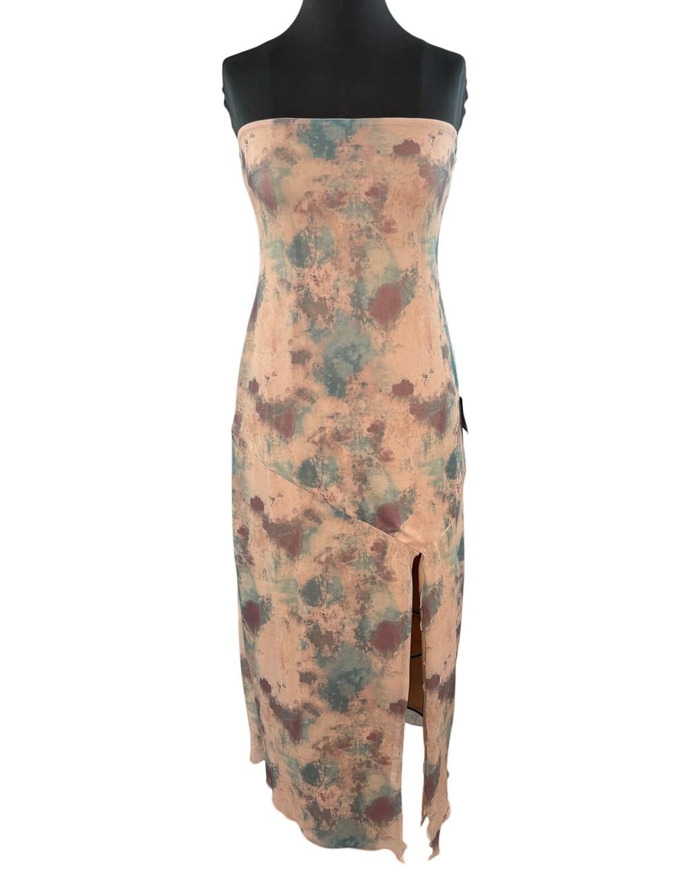 Lulus Beige Green Midi Dress Stretch Mesh Abstract Strapless Size X-Large XL NEW